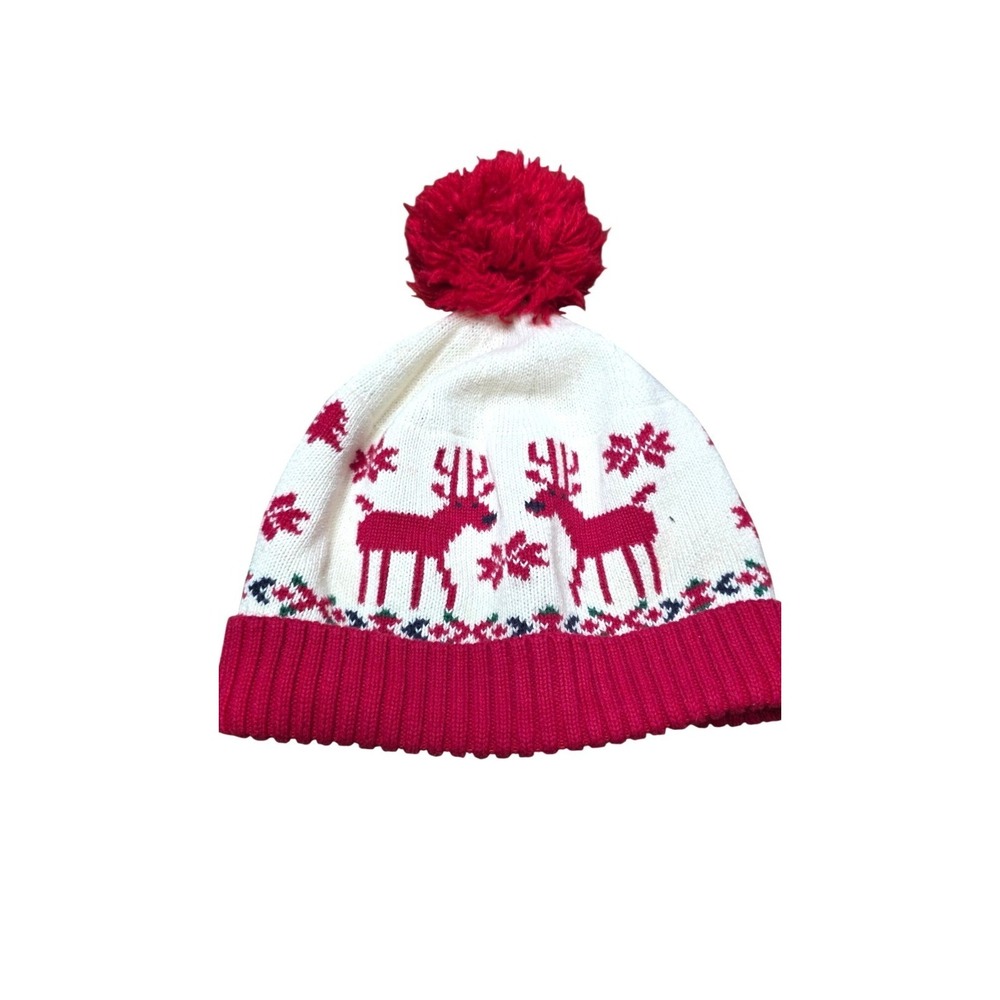 Hanna Andersson Kids Reindeer-Themed Knit‎ Beanie Pom-Pom Size M Red & White